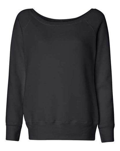 The BELLA + CANVAS 7501 is a plain black long-sleeve sweatshirt crafted from soft Airlume combed and ring-spun cotton, featuring a wide neckline with ribbed cuffs and hem, shown against a white background.