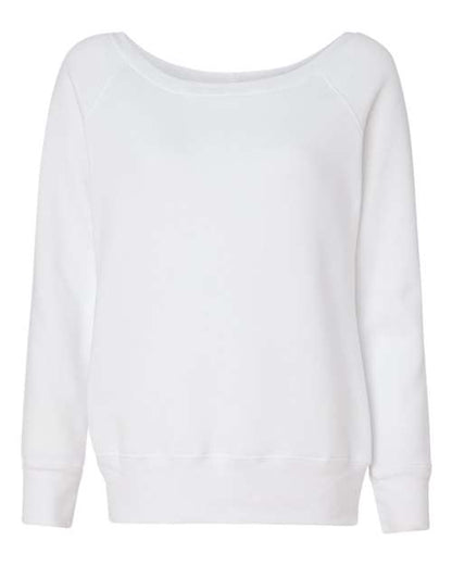 The BELLA + CANVAS 7501 is a plain white long-sleeve sweatshirt with a wide neckline, ribbed cuffs and hem, made from soft Airlume combed and ring-spun cotton, shown on a white background.
