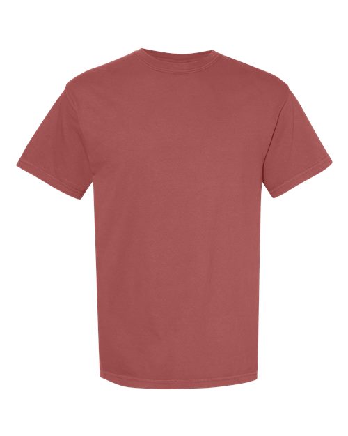 The Comfort Colors 1717 is a garment-dyed, short-sleeve crew neck t-shirt in muted reddish-brown, made from sustainable cotton with a plain design and no visible logos, shown on a white background.