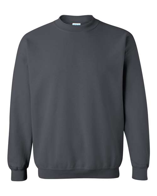 The Gildan 18000 is a plain, dark gray Heavy Blend sweatshirt featuring long sleeves with ribbed cuffs, collar, and hem, shown on a white background.