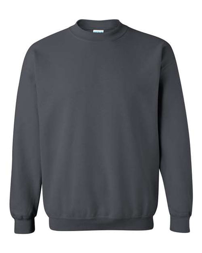 The Gildan 18000 is a plain, dark gray Heavy Blend sweatshirt featuring long sleeves with ribbed cuffs, collar, and hem, shown on a white background.