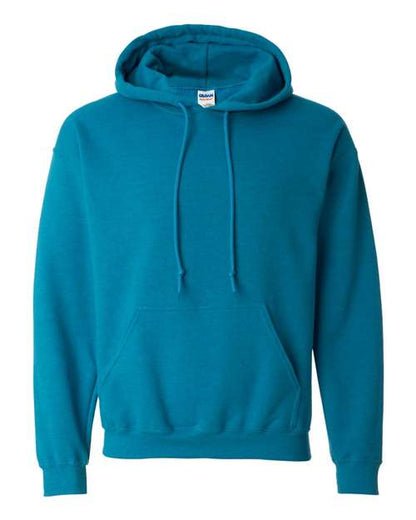 The Gildan 18500 Heavy Blend hoodie in plain teal features a front pocket and drawstrings, shown on a white background. Made with OEKO-TEX certified materials for comfort and safety.