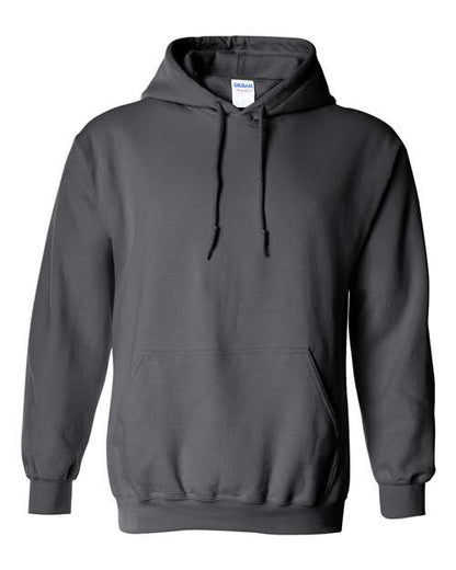 The Gildan 18500 hoodie is a plain dark gray Heavy Blend sweatshirt with a front pocket and drawstrings, shown on a white background. Made from OEKO-TEX certified fabric for comfort and peace of mind.