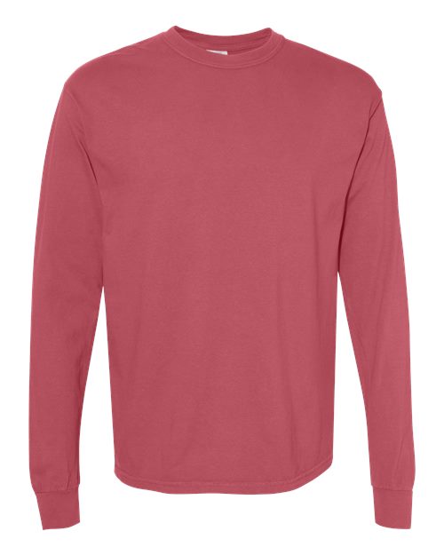 The Comfort Colors 6014 is a muted rose long-sleeve crew neck shirt made from soft ring spun cotton. Shown on a white background, it features simple hem detailing at the cuffs and bottom for a clean, classic finish.