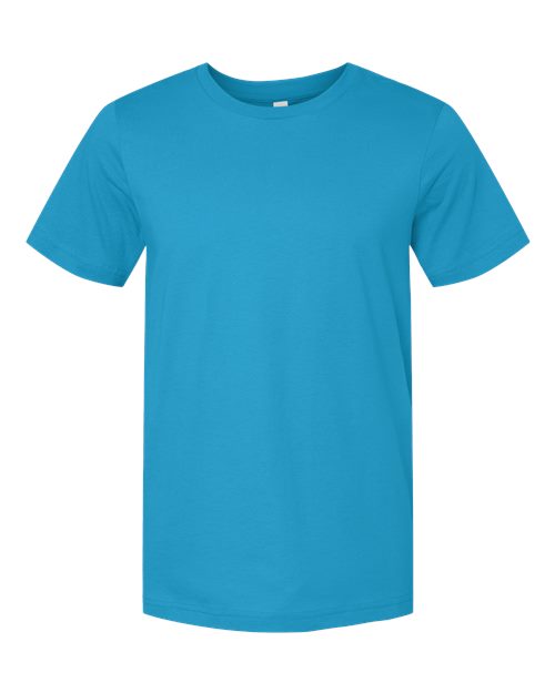 The BELLA + CANVAS 3001 is a unisex, short-sleeve crew neck t-shirt in solid bright blue, made from Airlume combed and ring-spun cotton, shown on a white background.