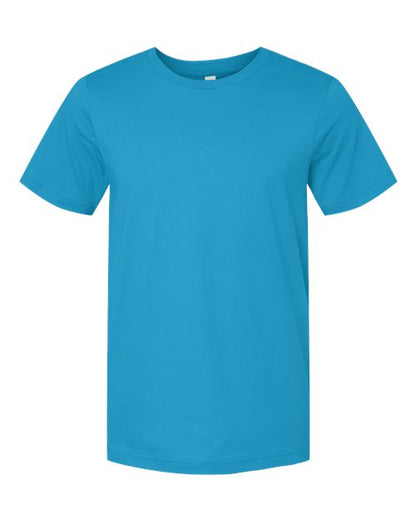 The BELLA + CANVAS 3001 is a unisex, short-sleeve crew neck t-shirt in solid bright blue, made from Airlume combed and ring-spun cotton, shown on a white background.