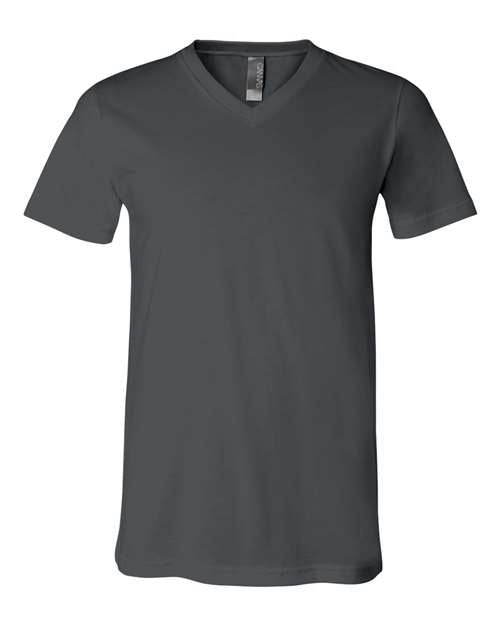 The BELLA + CANVAS 3005 is a unisex, short-sleeve V-neck T-shirt in dark gray, made from soft Airlume combed cotton and shown on a white background.