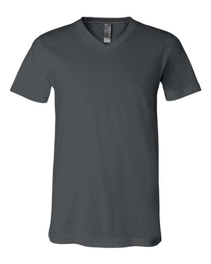 The BELLA + CANVAS 3005 is a unisex, short-sleeve V-neck T-shirt in dark gray, made from soft Airlume combed cotton and shown on a white background.