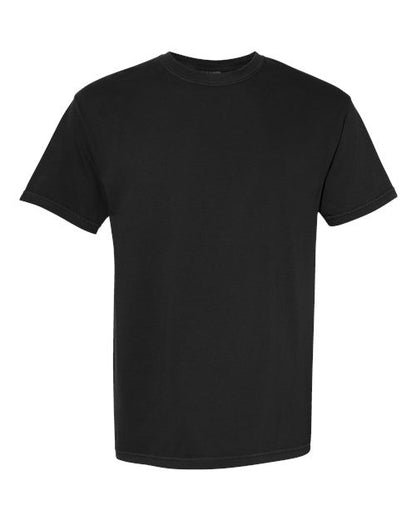 The Comfort Colors 1717 is a plain black short-sleeve crew neck t-shirt made from sustainable cotton, shown on a white background.