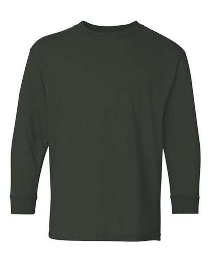 A Gildan 5400B long-sleeve crew neck shirt in solid black or dark green, made from Heavy Cotton with no visible logos, patterns, or designs. Displayed on a white background.