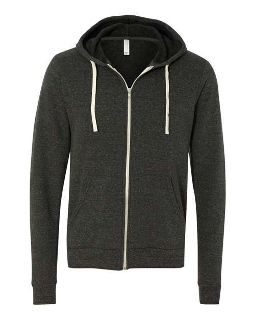 The BELLA + CANVAS 3909 is a unisex dark gray polyester fleece zip-up hoodie with two front pockets and white hood drawstrings, shown on a white background for a comfortable fit.