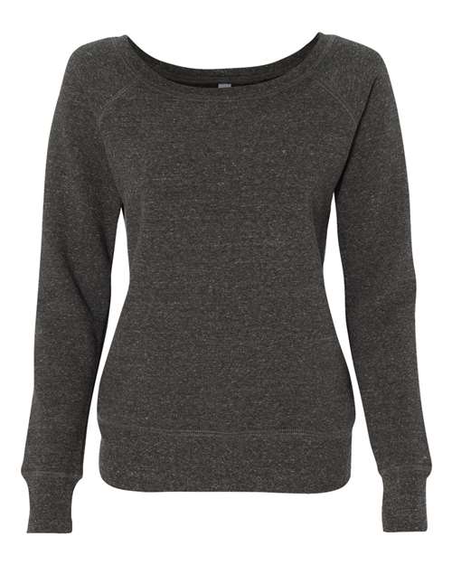 The BELLA + CANVAS 7501 is a women’s long-sleeve, dark gray pullover sweatshirt with a wide neckline and fitted silhouette, crafted from soft Airlume combed and ring-spun cotton and shown on a white background.