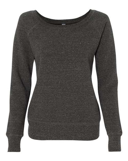 The BELLA + CANVAS 7501 is a women’s long-sleeve, dark gray pullover sweatshirt with a wide neckline and fitted silhouette, crafted from soft Airlume combed and ring-spun cotton and shown on a white background.