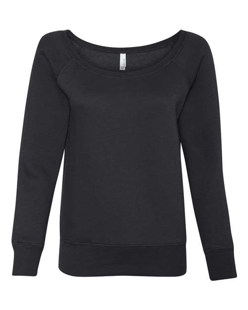 The BELLA + CANVAS 7501 is a black long-sleeve sweatshirt with a wide scoop neckline, ribbed cuffs and hem, made from soft Airlume combed and ring-spun cotton, shown on a white background.