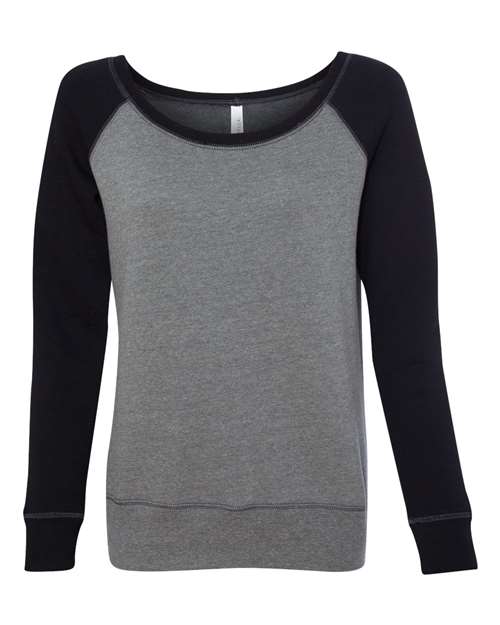 The BELLA + CANVAS 7501 is a long-sleeve pullover sweatshirt in grey with black sleeves, crafted from soft Airlume combed and ring-spun cotton. Featuring a wide, rounded neckline, its displayed on a plain white background.