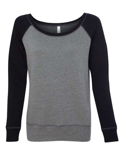 The BELLA + CANVAS 7501 is a long-sleeve pullover sweatshirt in grey with black sleeves, crafted from soft Airlume combed and ring-spun cotton. Featuring a wide, rounded neckline, its displayed on a plain white background.