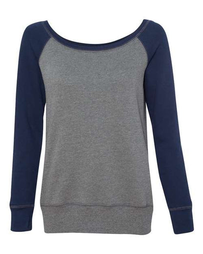 The BELLA + CANVAS 7501 is a long-sleeve sweatshirt with a gray body and navy blue sleeves, made from soft Airlume combed and ring-spun cotton, featuring a wide scoop neckline plus ribbed cuffs and hem.