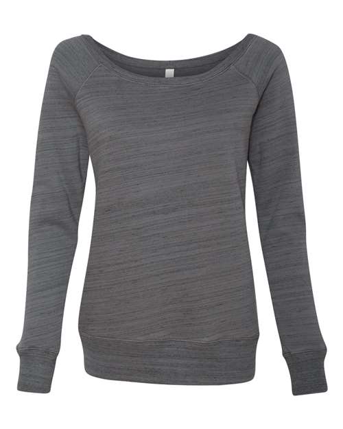 The BELLA + CANVAS 7501 is a womens long-sleeve, heathered dark gray sweatshirt with a wide boat neckline, ribbed cuffs and hem, made from soft Airlume combed and ring-spun cotton sponge fleece for comfort and sustainability.