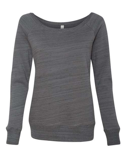 The BELLA + CANVAS 7501 is a womens long-sleeve, heathered dark gray sweatshirt with a wide boat neckline, ribbed cuffs and hem, made from soft Airlume combed and ring-spun cotton sponge fleece for comfort and sustainability.