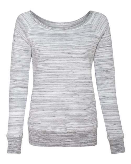 The BELLA + CANVAS 7501 is a light gray women’s long-sleeve sweater with thin, darker gray horizontal stripes, wide neckline, ribbed cuffs and hem. Made from soft Airlume combed and ring-spun cotton. Shown on a white background.