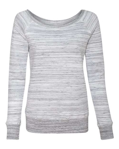 The BELLA + CANVAS 7501 is a light gray women’s long-sleeve sweater with thin, darker gray horizontal stripes, wide neckline, ribbed cuffs and hem. Made from soft Airlume combed and ring-spun cotton. Shown on a white background.