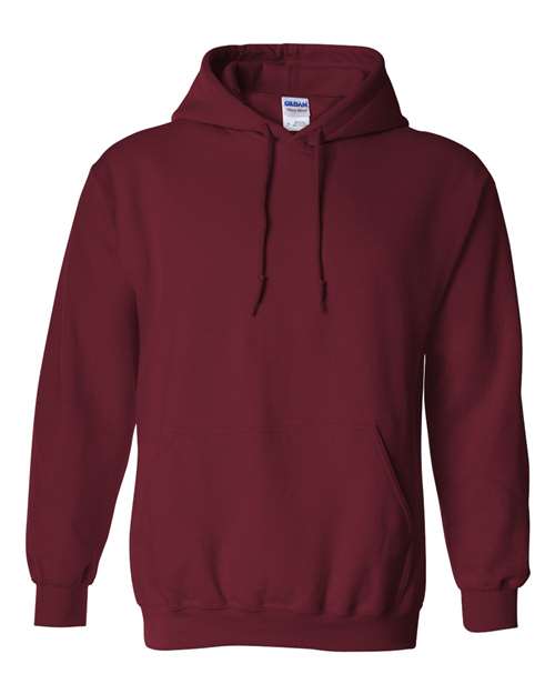 The Gildan 18500 is a plain maroon Heavy Blend hoodie featuring a front pocket and drawstrings, shown on a white background. Made with sustainable practices for an eco-friendly touch.