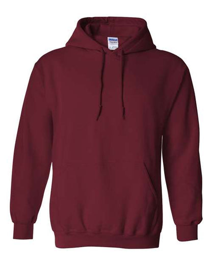 The Gildan 18500 is a plain maroon Heavy Blend hoodie featuring a front pocket and drawstrings, shown on a white background. Made with sustainable practices for an eco-friendly touch.