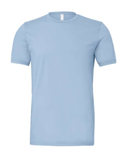 The BELLA + CANVAS 3001 is a light blue unisex t-shirt crafted from premium Airlume combed and ring-spun cotton, pictured front-facing on a white background without visible logos or patterns.