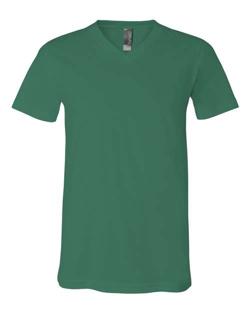 The BELLA + CANVAS 3005 is a unisex, forest green V-neck T-shirt with short sleeves, made from soft Airlume combed cotton and shown on a white background.
