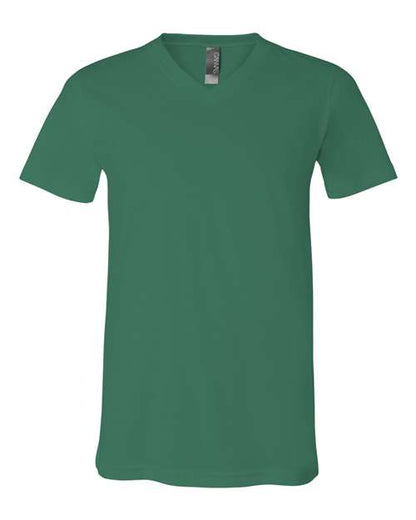 The BELLA + CANVAS 3005 is a unisex, forest green V-neck T-shirt with short sleeves, made from soft Airlume combed cotton and shown on a white background.