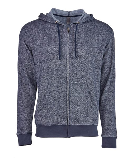 The Next Level 9600 is a blue heathered zip-up hoodie with a hood, drawstrings, front pockets, ribbed cuffs and hem, and an antique brass YKK zipper, crafted from denim-inspired fleece. Shown against a white background.
