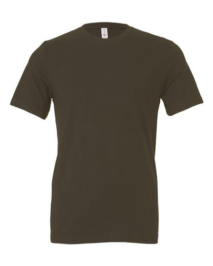 The BELLA + CANVAS 3001 is a unisex, short-sleeve crew neck t-shirt in solid dark olive green, made from soft Airlume combed and ring-spun cotton, shown on a white background.