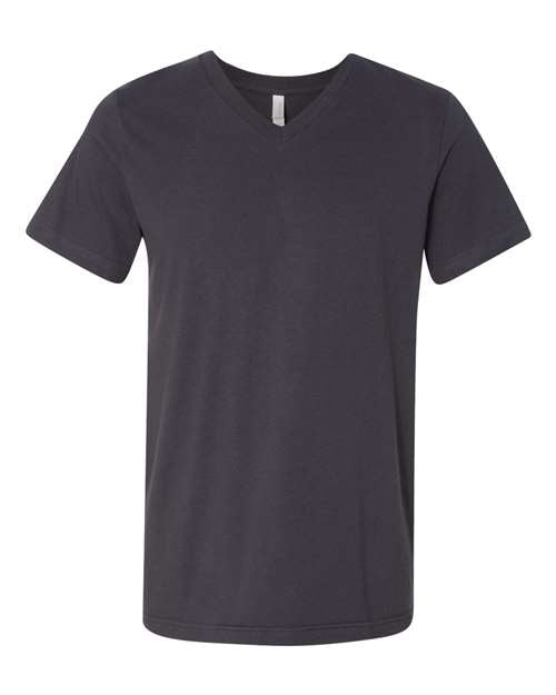 The BELLA + CANVAS 3005 is a plain, dark gray unisex V-neck T-shirt with short sleeves, made from Airlume combed cotton. The image shows the front view on a white background, with no logos or designs visible.