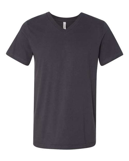 The BELLA + CANVAS 3005 is a plain, dark gray unisex V-neck T-shirt with short sleeves, made from Airlume combed cotton. The image shows the front view on a white background, with no logos or designs visible.