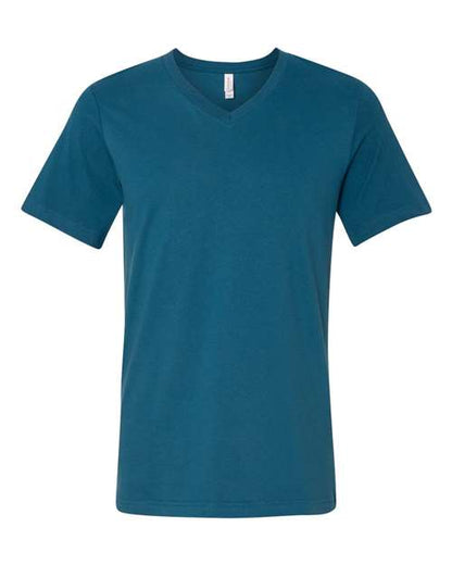 The BELLA + CANVAS 3005 unisex V-neck t-shirt in teal, made from soft Airlume combed cotton, is shown against a white background.