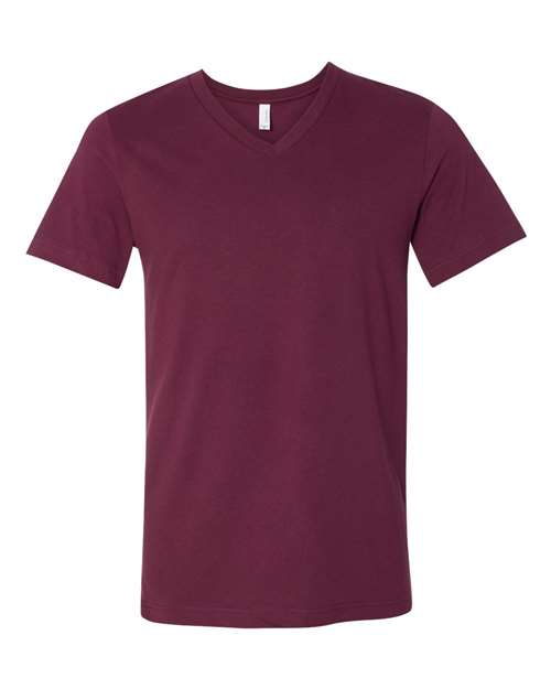 The BELLA + CANVAS 3005 is a plain maroon unisex V-neck short-sleeve t-shirt made from soft Airlume combed cotton, displayed on a white background with no visible logos, patterns, or designs.