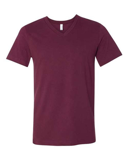 The BELLA + CANVAS 3005 is a plain maroon unisex V-neck short-sleeve t-shirt made from soft Airlume combed cotton, displayed on a white background with no visible logos, patterns, or designs.
