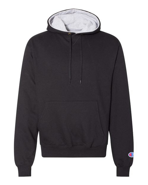 The Champion S171 hoodie is black with a light gray hood lining, made of cotton polyester. It features a pouch pocket, drawstrings, and a small embroidered logo patch on the left sleeve.
