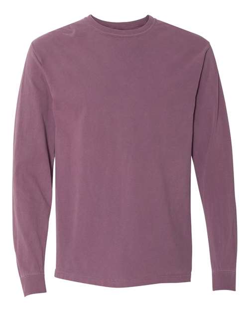 The Comfort Colors 6014 is a long-sleeved, garment-dyed crew neck shirt in muted purple, made from soft ring spun cotton and shown on a white background.