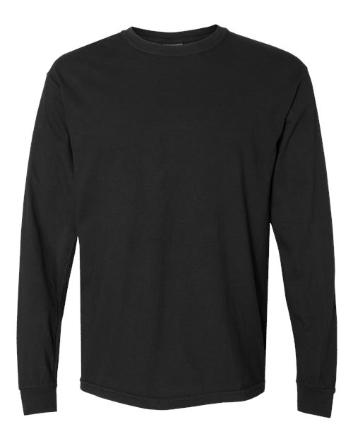 The Comfort Colors 6014 is a plain black long-sleeve crewneck tee made from soft ring spun cotton, shown on a white background. It features a simple, logo-free design with no patterns or graphics.