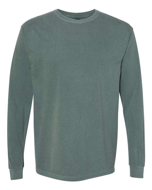 The Comfort Colors 6014 is a long-sleeve, crewneck shirt in muted green, crafted from soft ring spun cotton. Displayed front-facing on a white background, the shirt is plain with no visible logos or designs.