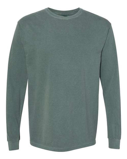 The Comfort Colors 6014 is a long-sleeve, crewneck shirt in muted green, crafted from soft ring spun cotton. Displayed front-facing on a white background, the shirt is plain with no visible logos or designs.