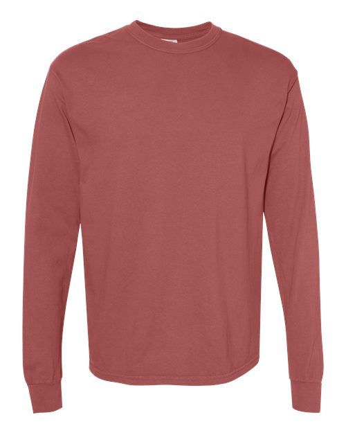 The Comfort Colors 6014 is a plain, long-sleeve t-shirt in muted reddish-brown, made from soft ring spun cotton with a crew neckline. It features no visible designs or logos and is displayed on a white background.