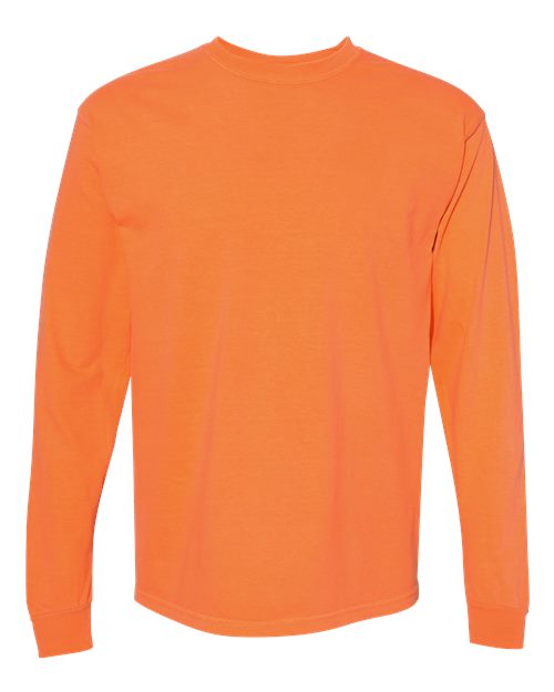 A plain, long-sleeve orange t-shirt (Comfort Colors 6014) is shown from the back with no designs or text. Made from soft ring spun cotton and garment-dyed, this tee emphasizes comfort and quality.