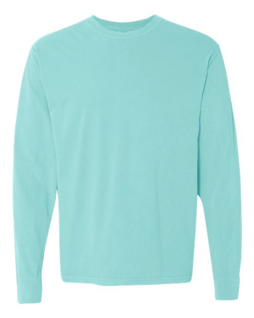 The Comfort Colors 6014 is a long-sleeve, crew neck t-shirt in light turquoise, made from soft ring spun cotton and shown on a white background.