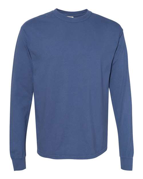 The Comfort Colors 6014 is a solid blue, long-sleeve crew neck t-shirt made from ring spun cotton and shown on a white background.