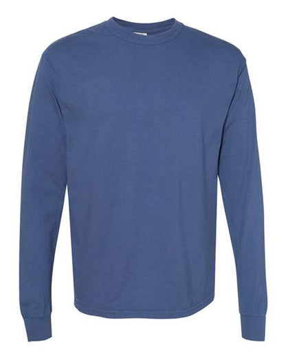 The Comfort Colors 6014 is a solid blue, long-sleeve crew neck t-shirt made from ring spun cotton and shown on a white background.