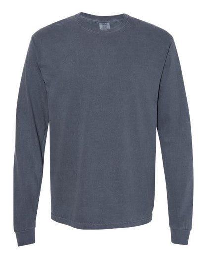 The Comfort Colors 6014 is a solid dark gray, long-sleeved crewneck t-shirt made from ring spun cotton, shown on a white background.