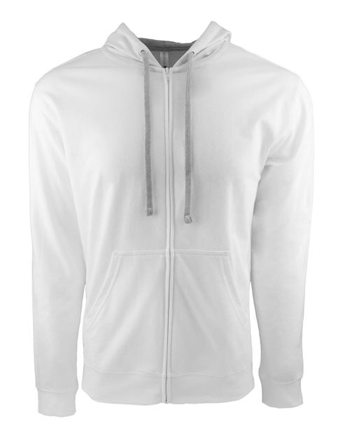 The Next Level 9601 is a plain white unisex hoodie featuring a hood, drawstrings, front pockets, long sleeves, and a tear-away label, displayed on a white background.