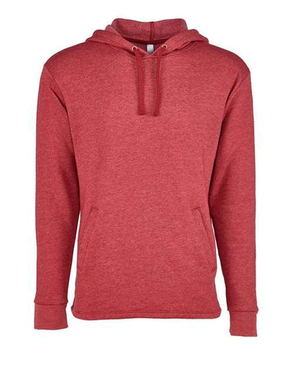 The Next Level 9300 is a red cotton-polyester fleece hoodie featuring long sleeves, a front pocket, and a drawstring hood, designed for sustainable style and shown against a white background.